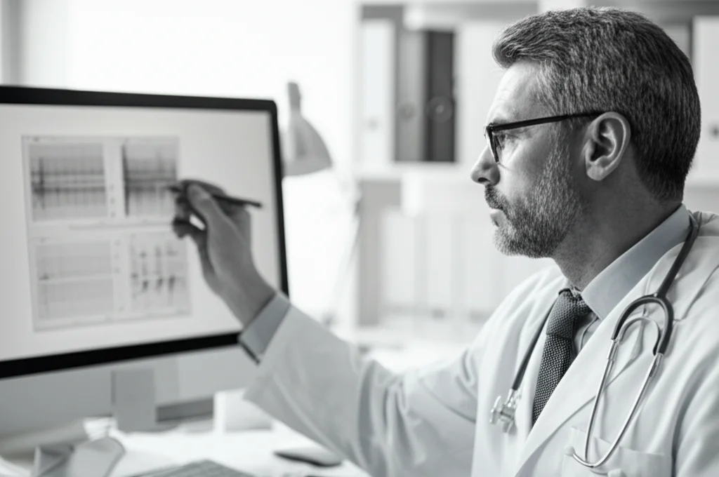 Ritratto di un medico otorinolaringoiatra che esamina attentamente un audiogramma su uno schermo luminoso in uno studio medico. Obiettivo prime 35mm, profondità di campo che mette a fuoco l'audiogramma e il volto concentrato del medico, luce ambientale morbida, bianco e nero per un tocco classico e professionale.