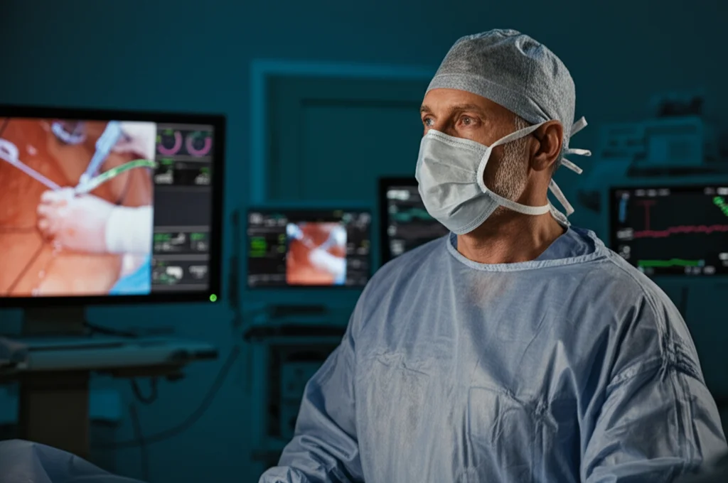 Fotografia ritratto di un chirurgo esperto, uomo di mezza età, che guarda concentrato un monitor laparoscopico durante un intervento complesso, luce ambientale soffusa della sala operatoria che illumina il viso, profondità di campo ridotta, 35mm prime lens, film noir style.