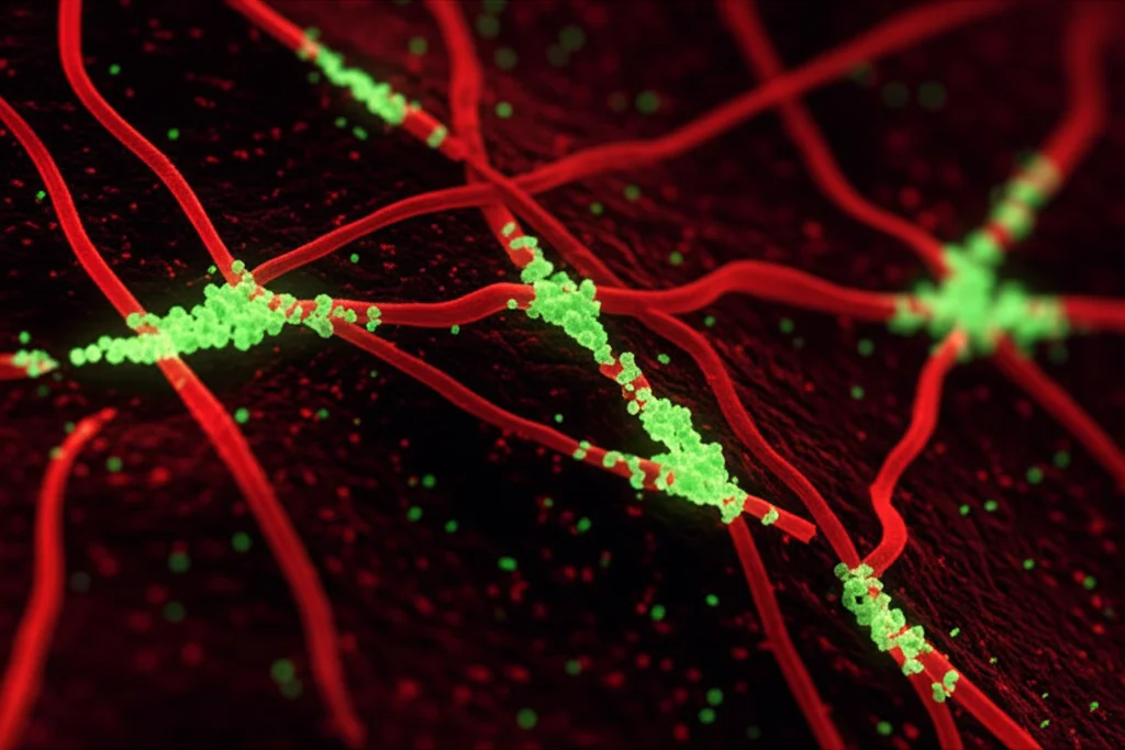 Visualizzazione astratta del danno al DNA all'interno di un nucleo cellulare, con filamenti di DNA rosso vivo spezzati e proteine di riparazione fluorescenti (come γH2AX in verde) che si accumulano nei siti di danno. Stile macrofotografia 60mm, messa a fuoco precisa sui filamenti danneggiati, illuminazione drammatica con sfondo scuro.