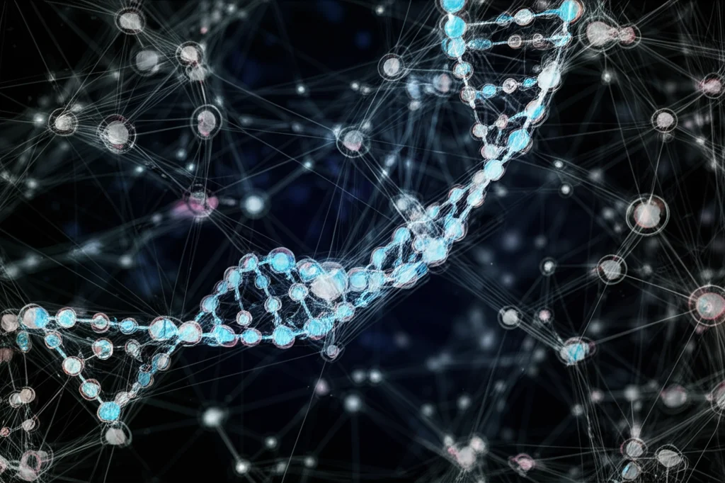 Visualizzazione astratta di una rete genica complessa con nodi luminosi che rappresentano geni e linee che indicano connessioni, su sfondo scuro high-tech, focus selettivo, stile fotorealistico.