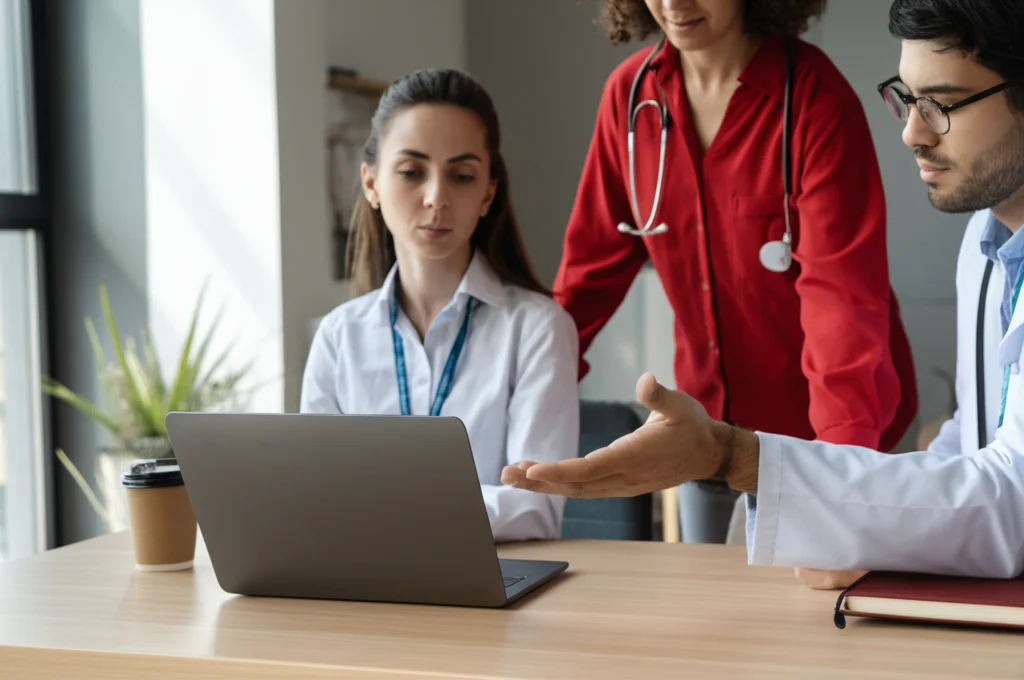 Foto realistica di un consulente scolastico e uno specialista di telesalute mentale che collaborano davanti a un laptop in un ufficio scolastico luminoso. Obiettivo prime 35mm, profondità di campo per mettere a fuoco l'interazione, illuminazione naturale controllata.