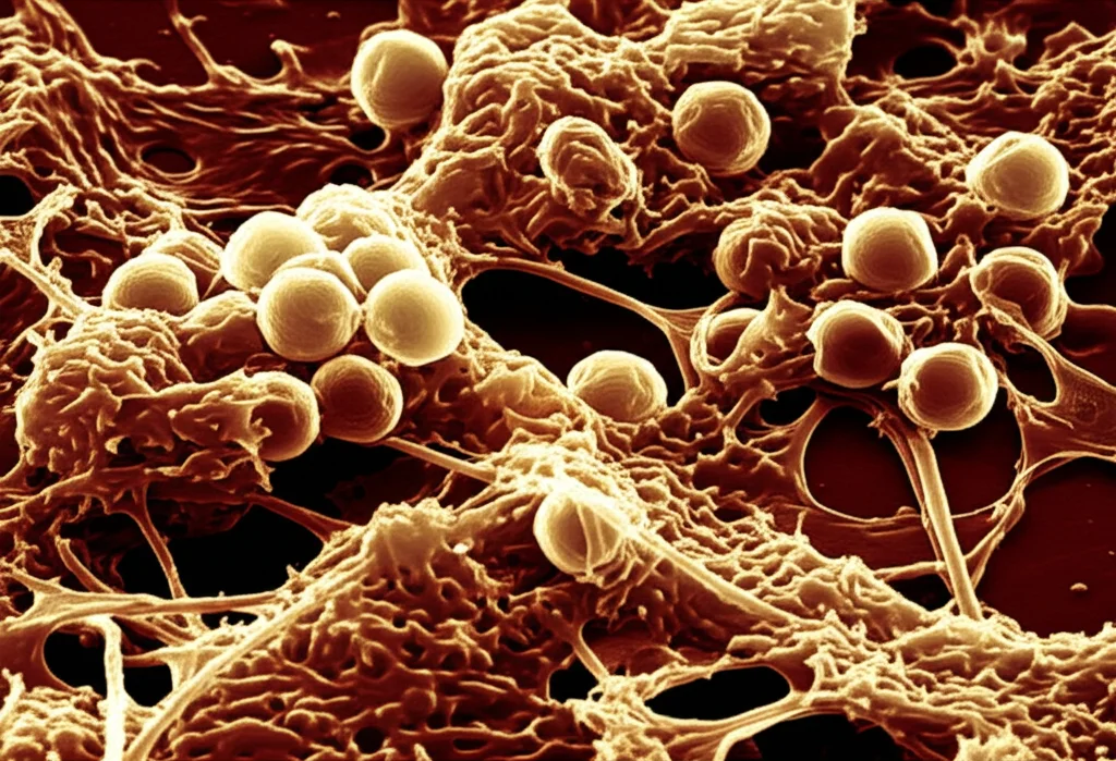 Immagine macro ad alta definizione di cellule di cancro ovarico epiteliale visualizzate al microscopio elettronico a scansione, con illuminazione controllata per evidenziare le strutture superficiali complesse e le interazioni cellulari, focale 100mm, alto dettaglio.