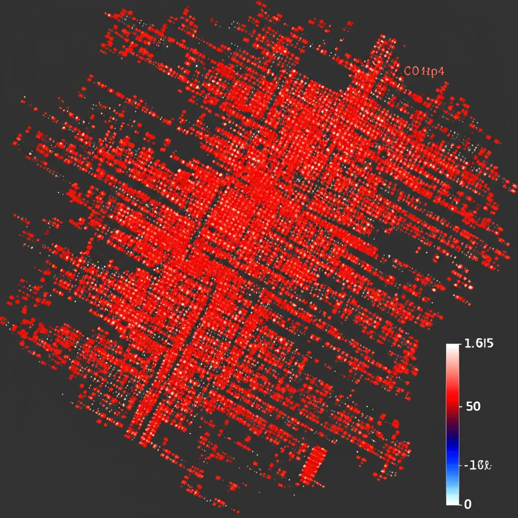 Visualizzazione astratta di dati genomici Hi-C, simile a una heatmap colorata con rossi intensi che indicano interazioni forti, rappresentante la struttura cromosomica del muschio Polytrichastrum alpinum, sfondo scuro, alta risoluzione.