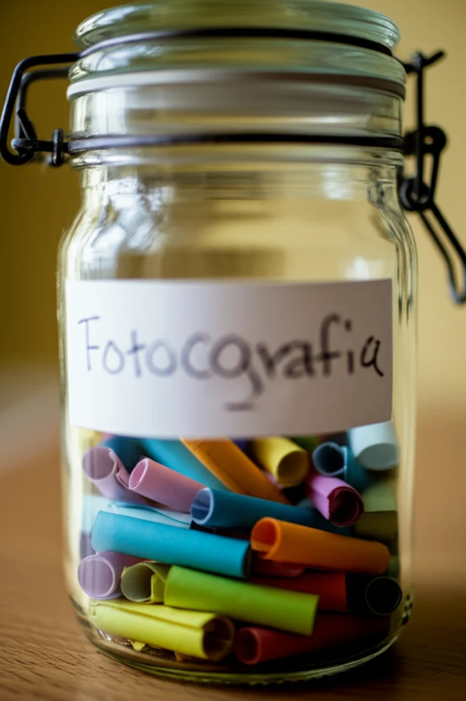 Fotografia macro di un barattolo di vetro ('worry jar') decorato da un bambino, pieno di piccoli foglietti colorati arrotolati. Illuminazione controllata per evidenziare i dettagli. Obiettivo macro 100mm, messa a fuoco precisa sui foglietti. Simboleggia la gestione delle preoccupazioni.