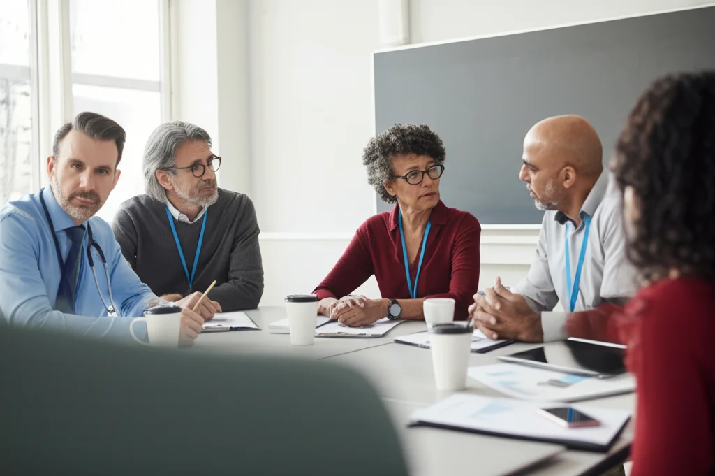 Immagine fotorealistica di un team multidisciplinare (educatori, psicologi, amministratori) in una riunione collaborativa in una sala conferenze scolastica, discutendo l'integrazione della telesalute. Obiettivo grandangolare 24mm per catturare il gruppo, luce da ufficio brillante, espressioni concentrate e collaborative.