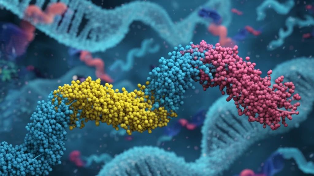 Visualizzazione 3D fotorealistica del meccanismo ceRNA: una molecola di LINC00704 (struttura complessa e allungata) che agisce come una spugna legando diverse molecole di miR-323a-3p (piccole e corte), impedendo loro di raggiungere una molecola di mRNA SLC44A1. Sfondo astratto di biologia molecolare, illuminazione drammatica che evidenzia le interazioni, prime lens 35mm, profondità di campo.