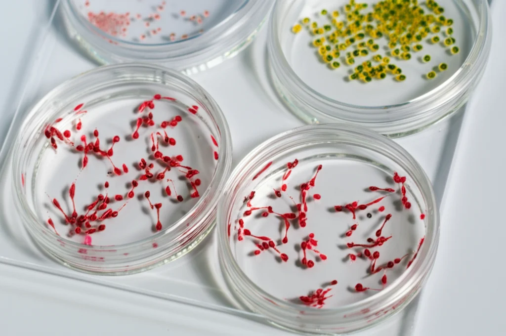Grafico scientifico fotorealistico che mostra i risultati di un esperimento Transwell: confronto tra cellule di controllo e cellule con LINC00704 silenziato e con SLC44A1 sovraespresso. Si vedono chiaramente meno cellule migrate/invase nel gruppo silenziato e un recupero nel gruppo di salvataggio. Stile still life scientifico, macro lens 100mm, focus preciso sui pozzetti colorati, illuminazione da laboratorio.