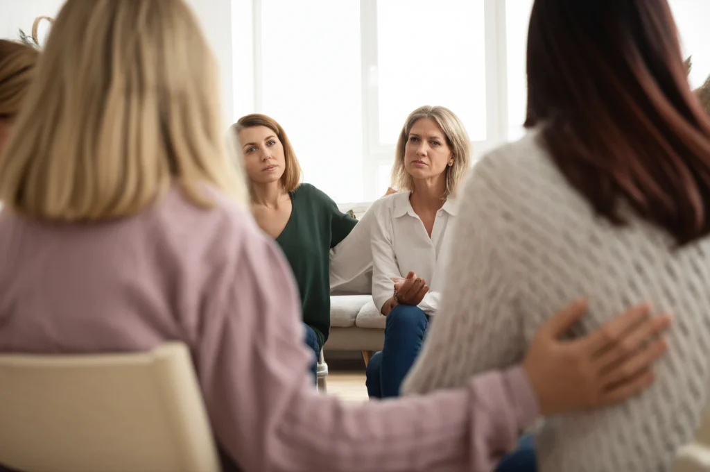 Gruppo ristretto di madri sedute in cerchio in una stanza luminosa e confortevole, che parlano e si sostengono a vicenda. Espressioni empatiche e attente. Obiettivo 24mm per includere il gruppo mantenendo un'atmosfera intima. Luce morbida e naturale.