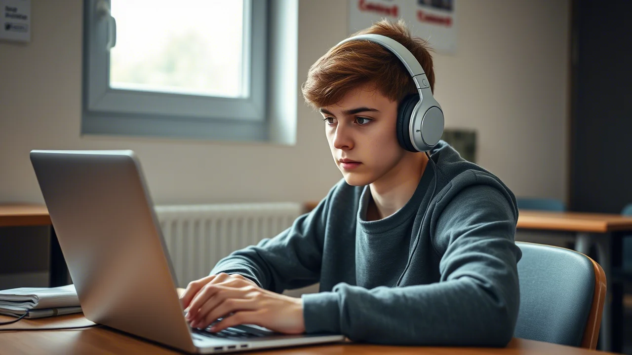Immagine fotorealistica di uno studente adolescente che partecipa a una sessione di telesalute mentale da una stanza tranquilla della scuola, utilizzando un laptop e cuffie. Obiettivo zoom 24-70mm a circa 50mm, luce soffusa da una finestra, espressione concentrata ma serena.