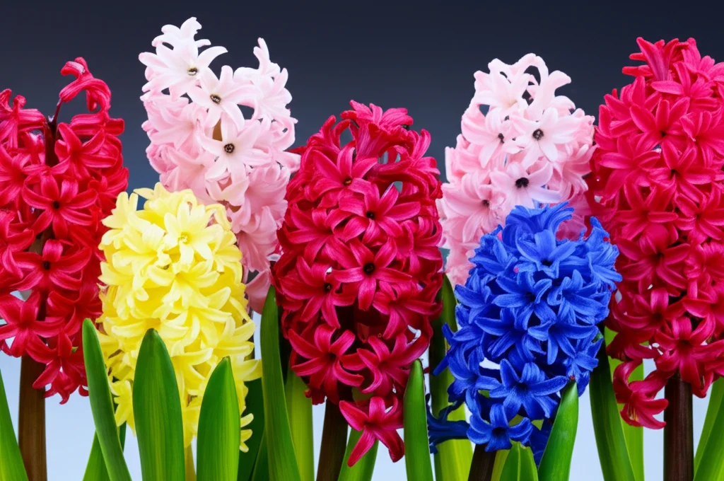 Macro fotografia di diversi fiori di giacinto (Hyacinthus orientalis) in piena fioritura, mostrando una gamma di colori vivaci - rosso ('Jan Bos'), rosa ('Pink Pearl'), blu ('Delft Blue'), giallo ('City of Haarlem'). Obiettivo macro 100mm, illuminazione controllata da studio per evidenziare i dettagli dei petali e la saturazione del colore, alta definizione.