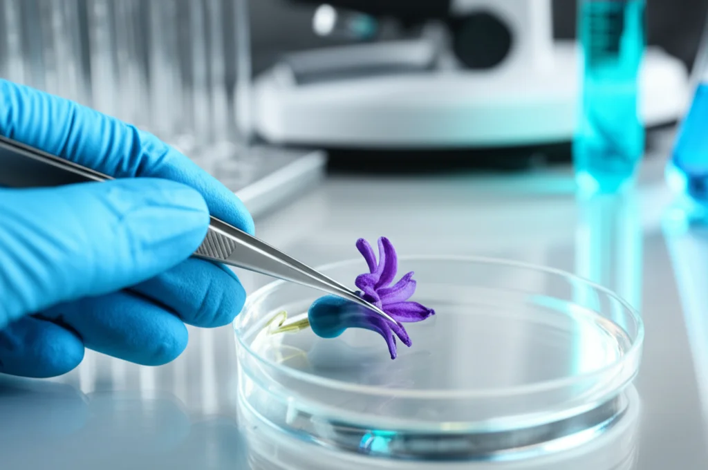 Fotografia realistica di una mano guantata che utilizza una pinzetta sterile per sezionare delicatamente un petalo di fiore di giacinto su una piastra di Petri in un laboratorio di ricerca pulito. In background, provette e attrezzature da laboratorio sfocate. Obiettivo macro 60mm, messa a fuoco precisa sul fiore e sulla pinzetta, illuminazione da laboratorio.