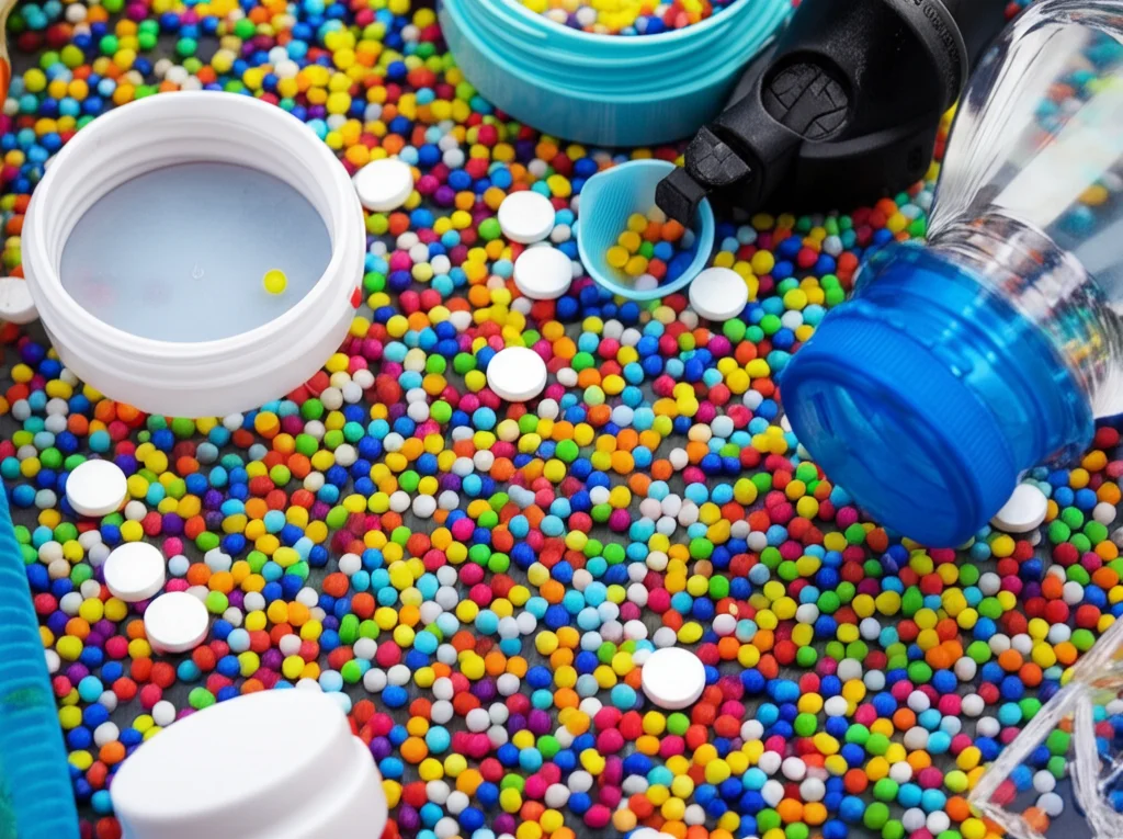 Macro fotografia, obiettivo da 80 mm, di vari pallini di plastica colorati e oggetti quotidiani come bottiglie d'acqua e contenitori cosmetici, che rappresentano l'ubiquità di ftalati e bisfenoli, dettagli elevati, illuminazione controllata.