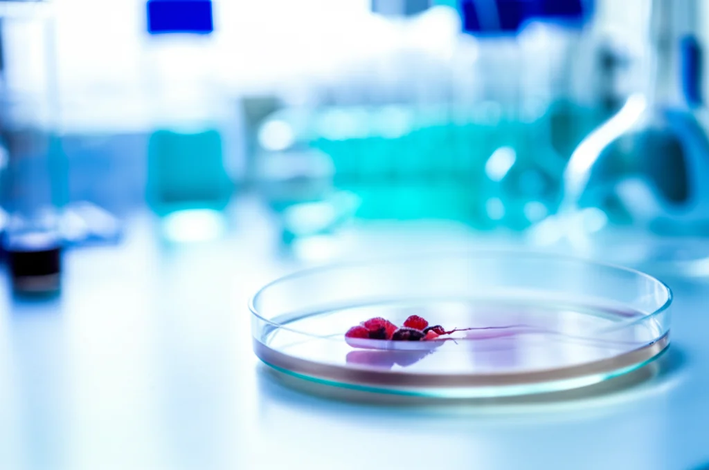 Close-up, lenti macro, 100 mm, di un campione di placenta umana conservato in una piastra di Petri in un ambiente di laboratorio scientifico, tubi e attrezzature scientifiche sfocate in background, alti dettagli, messa a fuoco precisa, illuminazione controllata.