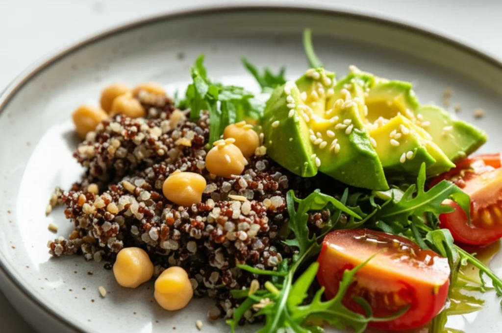 Fotografia macro di un piatto colorato con quinoa, ceci, verdure fresche e avocado, illuminazione controllata per evidenziare i dettagli, lente macro 90mm, simbolo di carboidrati di alta qualità e ricchi di fibre.