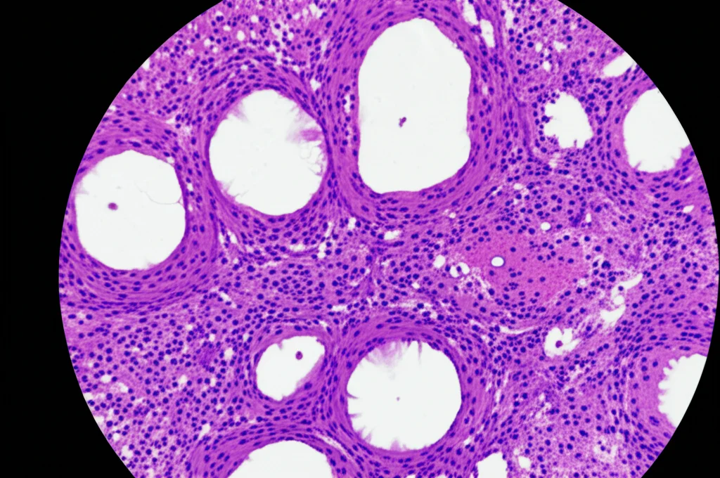 Immagine al microscopio, obiettivo macro 100mm, che mostra cellule tumorali metastatiche di adenocarcinoma polmonare con citoplasma schiumoso pallido, colorazione ematossilina-eosina, alta definizione, illuminazione controllata per evidenziare i dettagli nucleari.