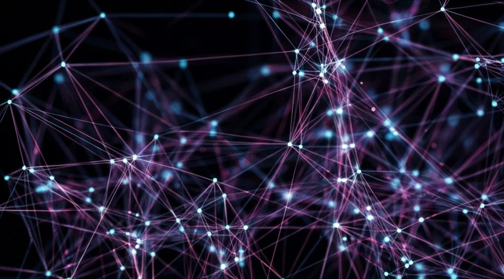 Visualizzazione astratta ma fotorealistica di reti di dati genetici complesse, con linee luminose interconnesse su uno sfondo scuro che simboleggiano l'analisi del trascrittoma e l'espressione genica. Potrebbe includere grafici stilizzati come heatmap o PCA resi in modo artistico ma dettagliato. Illuminazione drammatica, stile high-tech.