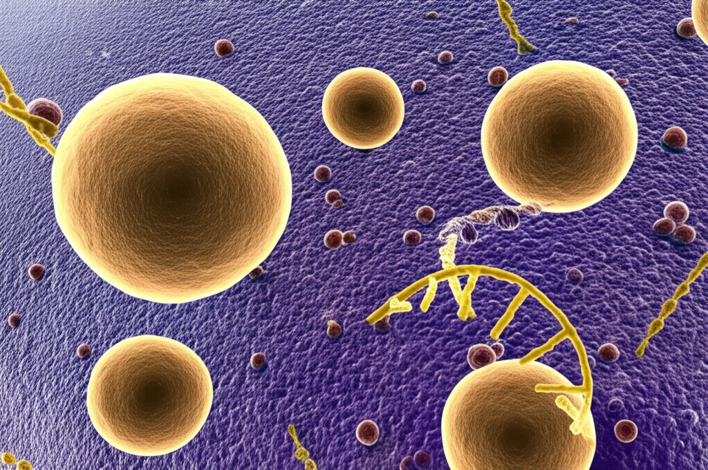 Illustrazione scientifica raffigurante lo stress ossidativo che danneggia una membrana cellulare o un filamento di DNA, astratto e concettuale.