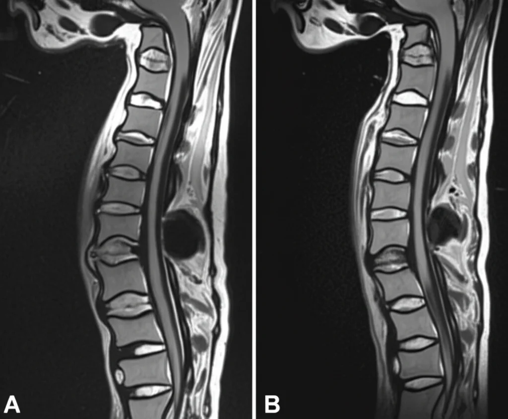 Serie comparativa di immagini MRI della colonna cervicale, T2 pesate e con contrasto, che mostrano la progressiva riduzione dell'edema del midollo spinale e il restringimento di una lesione tumorale intramidollare dopo trattamento con immunoterapia, visualizzazione ad alta definizione.