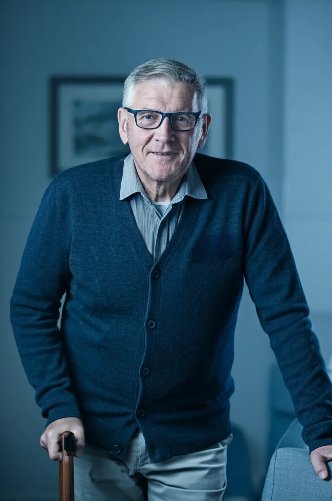 Portrait photography, obiettivo 35mm, di un uomo anziano (circa 75 anni) sorridente e determinato, in piedi con l'aiuto di un bastone in un ambiente luminoso e speranzoso, stile duotone blu e grigio, profondità di campo che sfoca leggermente lo sfondo.