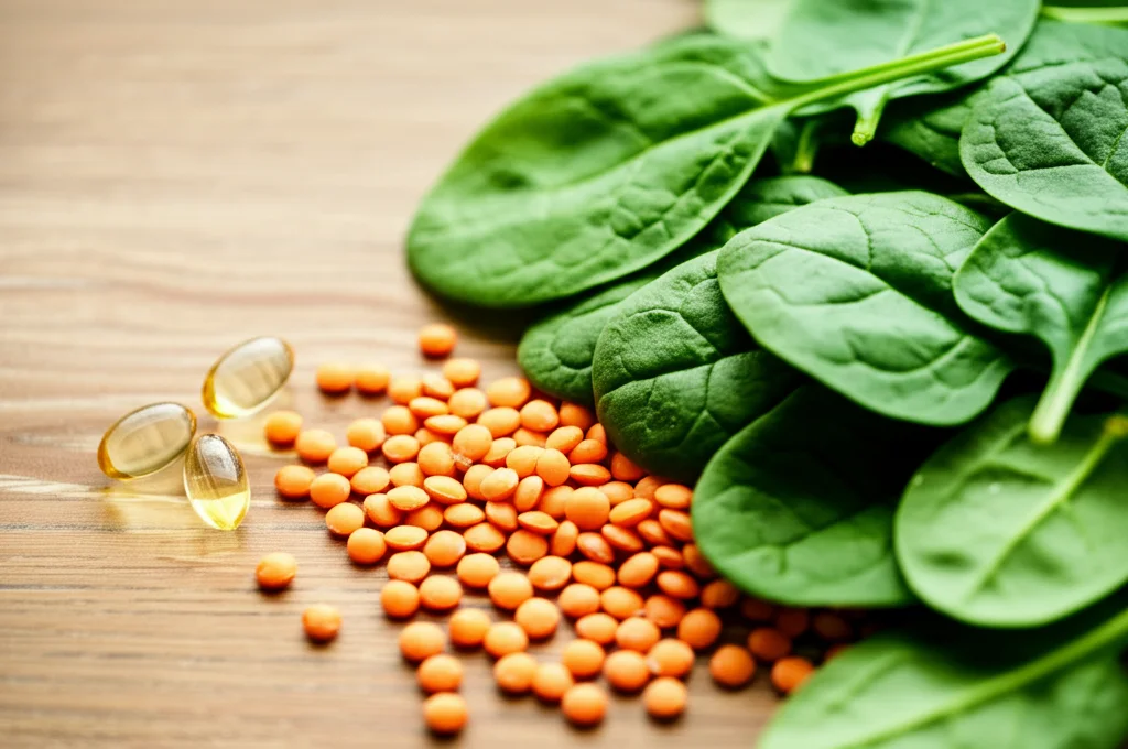 Still Life, lenti macro, 60 mm, che mostrano pillole per integratori di acido folico accanto a verdure a foglia verde fresca come spinaci e lenticchie su un tavolo di legno, che rappresentano prevenzione e scelte sane durante la gravidanza, dettagli elevati, illuminazione controllata, toni caldi.