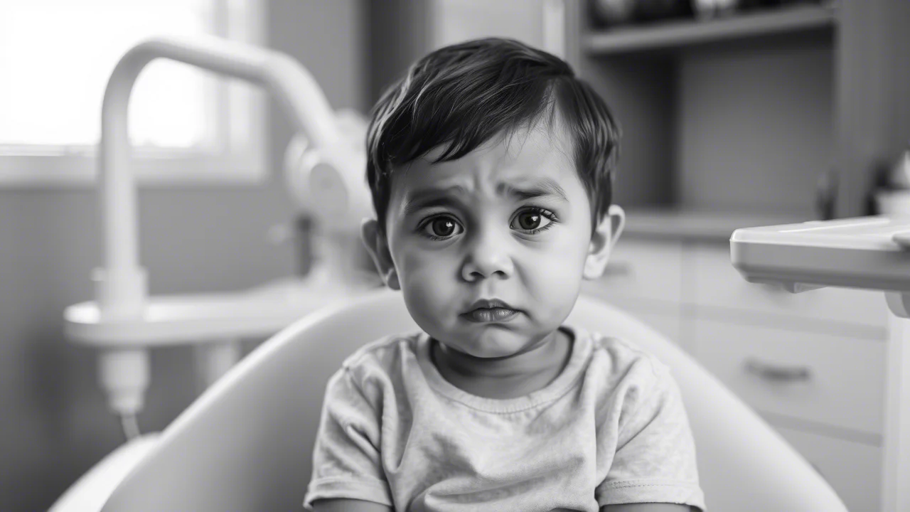 Ritratto di un bambino leggermente sovrappeso seduto sulla poltrona del dentista, con un'espressione timida e ansiosa, luce soffusa nello studio dentistico, 35mm portrait, profondità di campo per isolare il bambino dallo sfondo, bianco e nero.