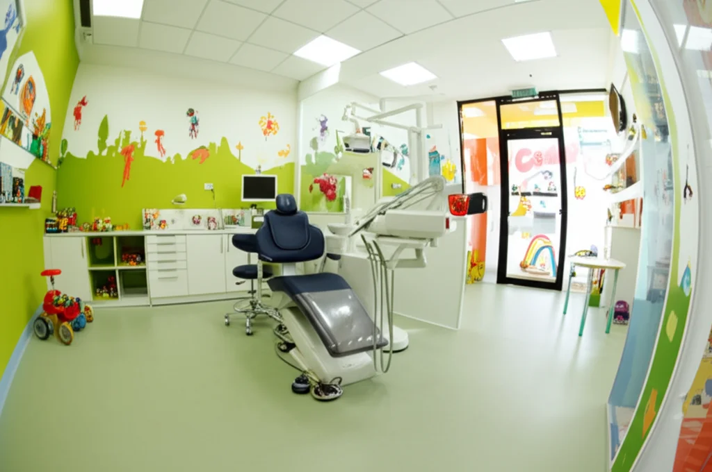 Fotografia grandangolare di uno studio dentistico pediatrico colorato e accogliente, con disegni sui muri e giochi, luce naturale brillante, 10-24mm wide-angle, messa a fuoco nitida su tutto l'ambiente per trasmettere un senso di spazio rassicurante.