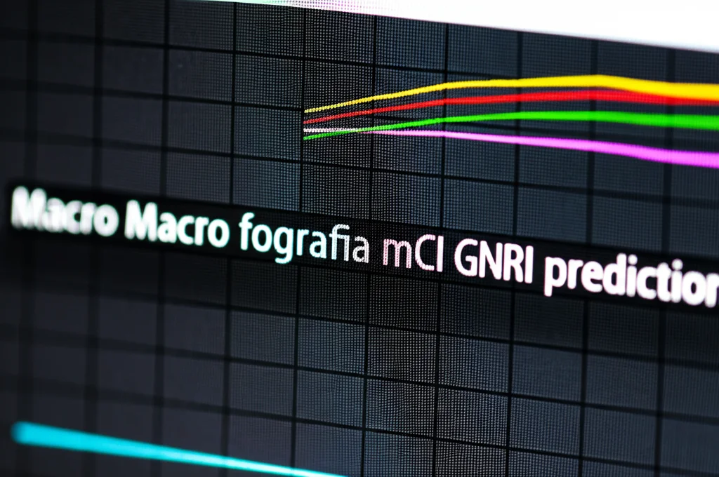 Macro fotografia di un grafico medico su schermo digitale che mostra due linee (GNRI e mCI) che convergono e migliorano una metrica di predizione. Dettaglio elevato sui pixel dello schermo e sulle linee del grafico. Obiettivo macro 90mm, illuminazione controllata per evitare riflessi, messa a fuoco precisa sulle linee dati.