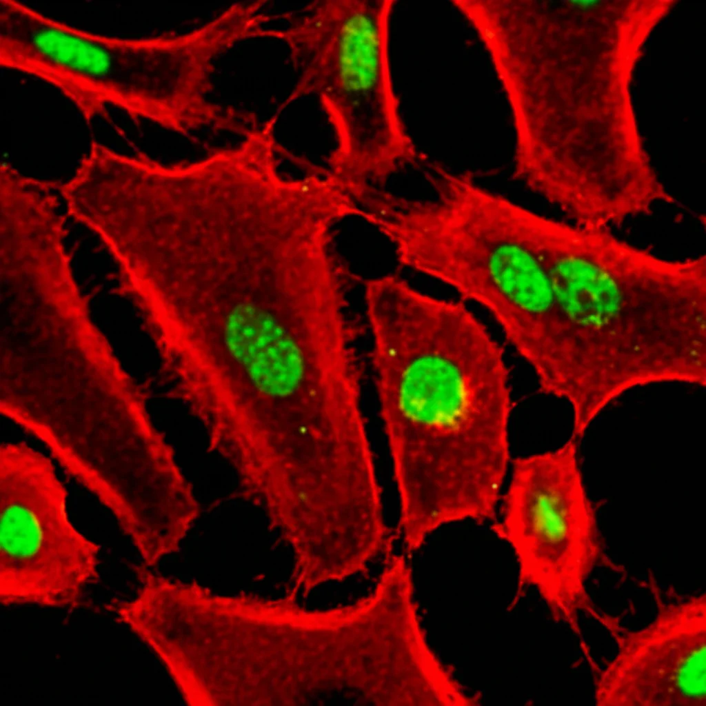 Micrografia a fluorescenza ad alta risoluzione che mostra astrociti (marcati con GFAP in rosso) nell'ippocampo di un topo. Alcuni astrociti co-esprimono il marcatore A1 C3 (verde), indicando una trasformazione fenotipica. Obiettivo ad alta magnificazione (es. 40x), dettagli cellulari precisi, sfondo scuro.
