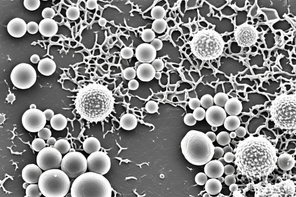 Una goccia di latte materno vista al microscopio elettronico a scansione, che rivela vagamente strutture complesse come globuli di grasso sferici e forse alcune cellule immunitarie. Illuminazione scientifica controllata, obiettivo macro 100mm, alta definizione, messa a fuoco precisa sui dettagli microscopici, bianco e nero per un look scientifico.