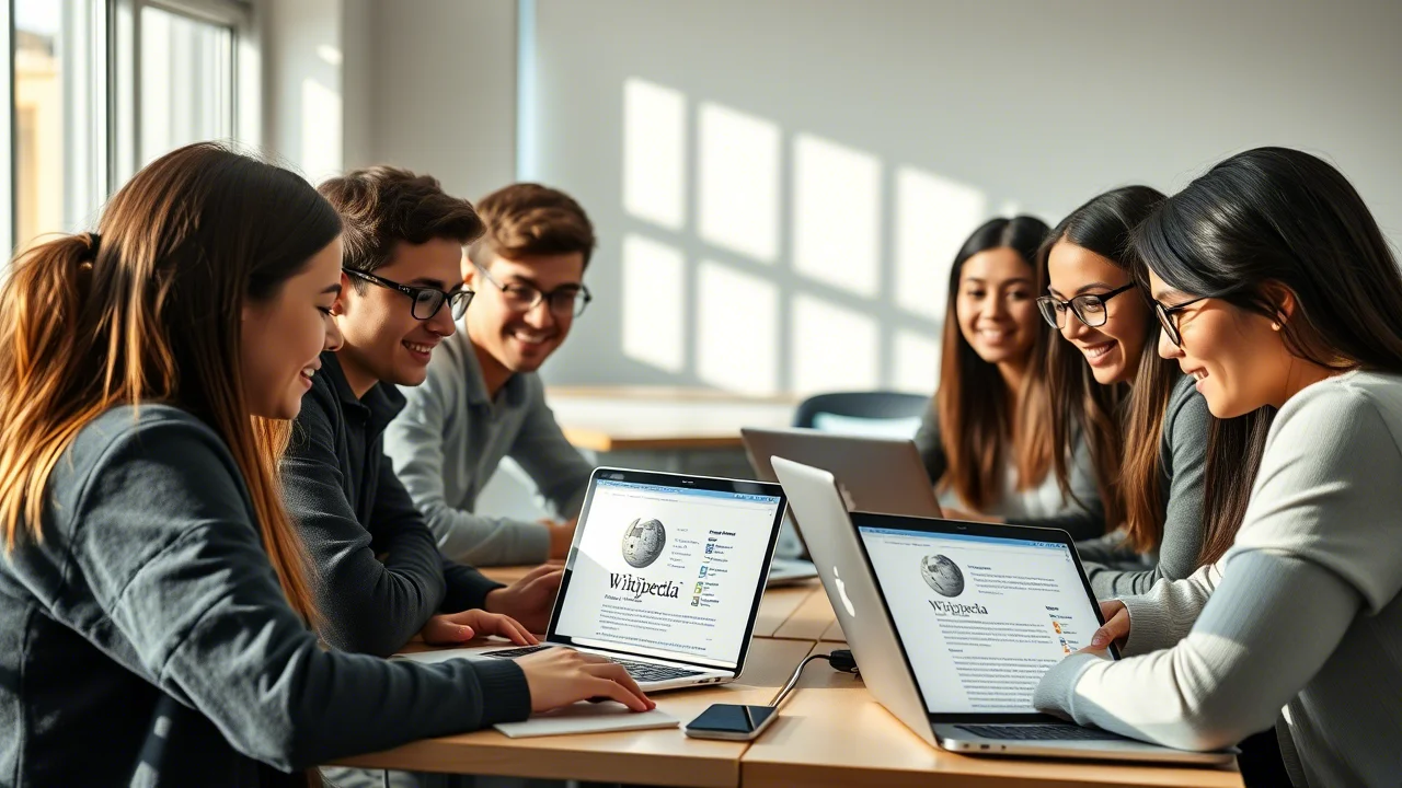 Studenti universitari in un'aula moderna e luminosa, collaborano animatamente attorno a laptop aperti su pagine di Wikipedia. Luce naturale, focus nitido sui volti concentrati ma sorridenti. Obiettivo prime 35mm, profondità di campo.