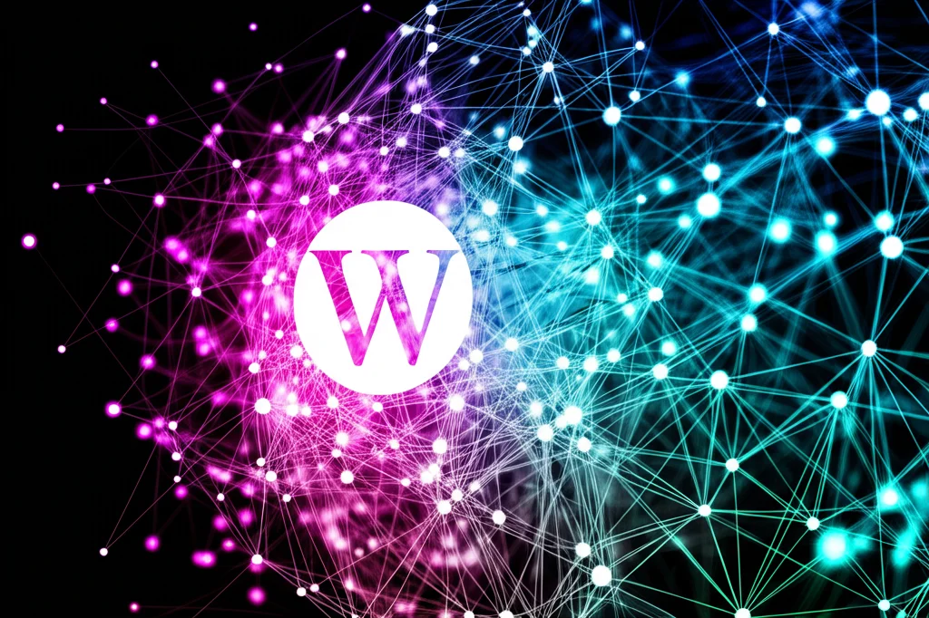 Una visualizzazione astratta di nodi di conoscenza interconnessi che si espandono globalmente, partendo da un'icona stilizzata di Wikipedia. Colori vibranti su sfondo scuro, effetto rete neurale luminosa. Fotografia concettuale, lunga esposizione per linee luminose.