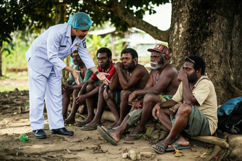 Fotografia di ritratto, un operatore sanitario indonesiano in uniforme chiara discute rispettosamente con un gruppo di anziani indigeni papuasi seduti all'ombra di un albero in un villaggio di Tanah Papua. Luce naturale morbida, obiettivo prime 35mm, profondità di campo per sfocare leggermente lo sfondo del villaggio. Colori naturali caldi.