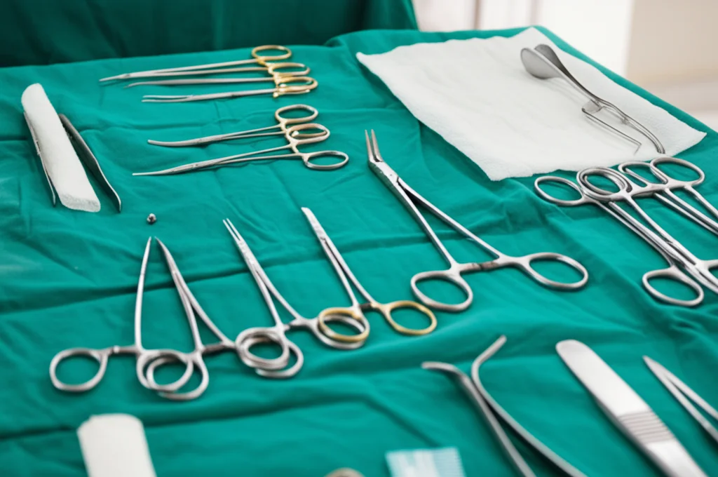 Fotografia di still life medico, primo piano su strumenti chirurgici sterilizzati e materiale per la circoncisione medica volontaria disposti ordinatamente su un telo sterile verde in un 'puskesmas' (centro sanitario comunitario) in Papua. Illuminazione controllata e precisa, obiettivo macro 85mm, alta definizione dei dettagli metallici e dei tessuti.