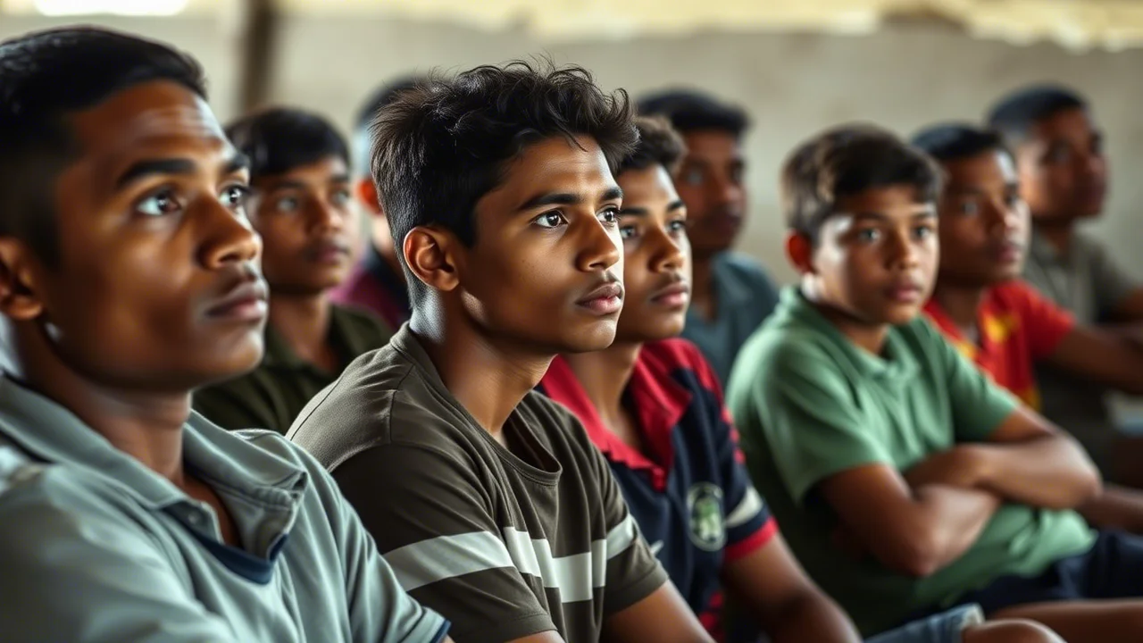 Fotografia di gruppo, adolescenti maschi papuasi (15-19 anni) seduti in un'aula scolastica semplice o in un luogo di ritrovo comunitario a Nabire, Papua, ascoltano attentamente una presentazione fuori campo sulla salute. Espressioni serie e concentrate. Obiettivo zoom 50mm, luce ambientale interna, leggera profondità di campo.