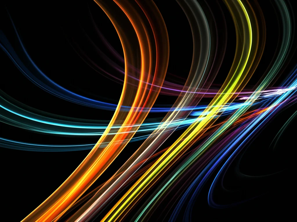 Visualizzazione astratta di una serie temporale caotica frazionaria, resa con colori vivaci e linee fluide simili a un tracciato ECG complesso, stile macrofotografia, 100mm, alta definizione, illuminazione controllata per evidenziare la complessità e l'imprevedibilità del segnale.