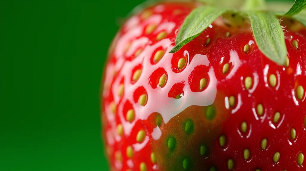 Macro fotografia di una fragola rossa brillante, parzialmente immersa in una soluzione di rivestimento edibile leggermente viscosa e verdognola a causa della Spirulina. Obiettivo macro 90mm, alta definizione, messa a fuoco precisa sulle goccioline di rivestimento che aderiscono alla superficie della fragola, illuminazione da studio controllata per esaltare la texture e i colori.