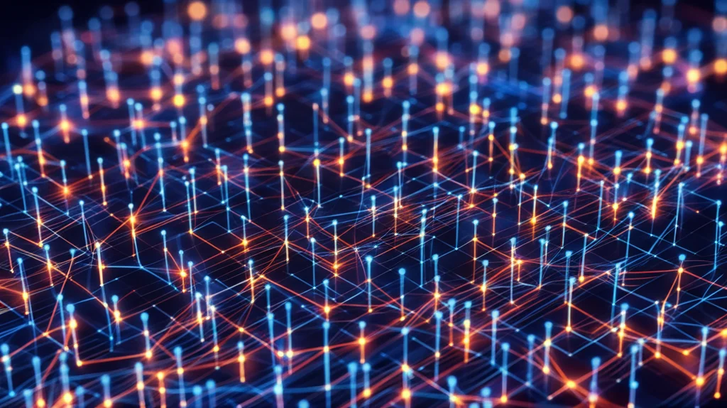 Rete neurale profonda visualizzata come un intricato circuito luminoso tridimensionale su sfondo scuro, fotografia grandangolare, 24mm, messa a fuoco nitida sui nodi interconnessi, che simboleggia l'elaborazione complessa dei dati caotici da parte dell'AI.