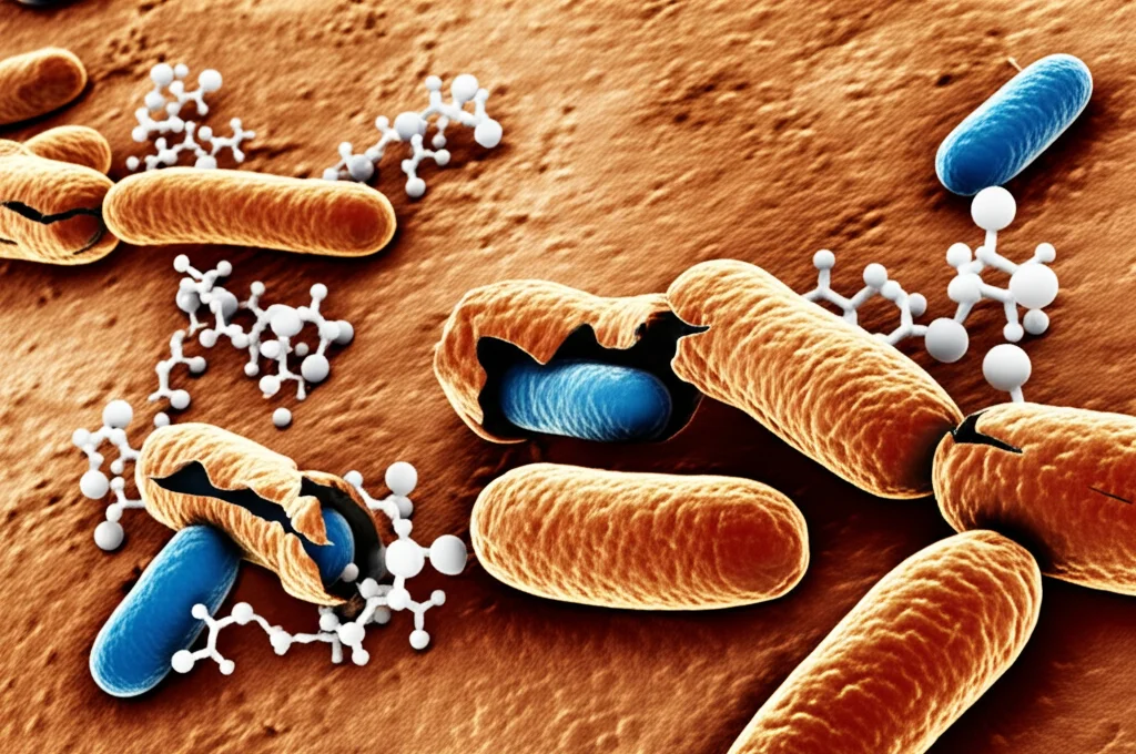 Telephoto zoom, 100-400mm, fast shutter speed, action tracking, immagine concettuale di batteri Streptococcus pneumoniae resistenti alla penicillina (PRSP) visualizzati al microscopio elettronico, con alcune pareti cellulari che appaiono indebolite o danneggiate. Molecole stilizzate della combinazione CAP e della penicillina G interagiscono con i batteri, suggerendo un'azione sinergica.