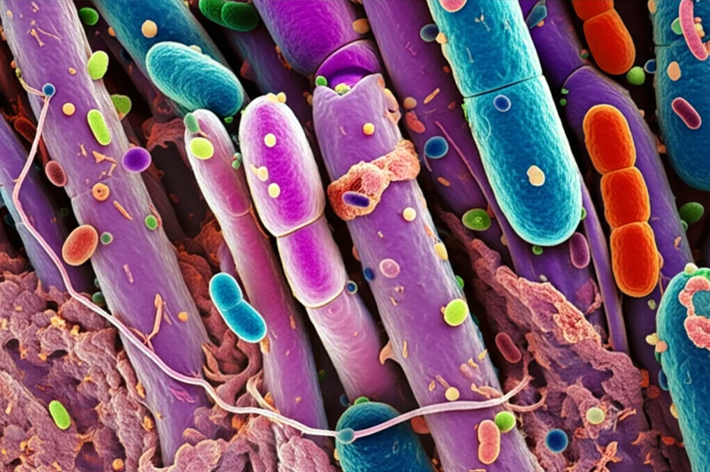 Fotografia macro con obiettivo da 90mm che mostra i villi intestinali di un suinetto in dettaglio elevato. Si visualizzano diverse forme e colori di batteri adesi alla superficie dei villi, illuminati da una luce controllata da studio per enfatizzare la complessità e la diversità del microbiota intestinale durante la transizione stressante dello svezzamento.