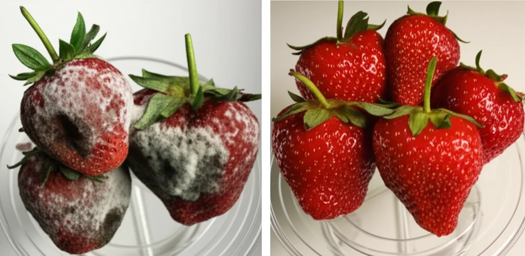 Fotografia still life comparativa di fragole conservate per 6 giorni. A sinistra, fragole di controllo con evidenti macchie scure e muffa bianca. A destra, fragole trattate con il rivestimento SA+P+A, ancora brillanti, turgide e senza segni di deterioramento. Obiettivo 60mm, luce laterale morbida per evidenziare le differenze di texture e colore, sfondo neutro.