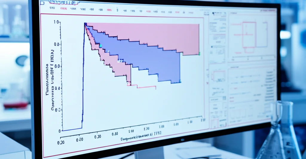 Grafico di sopravvivenza Kaplan-Meier stilizzato ma fotorealistico, visualizzato su uno schermo di laboratorio high-tech. Le curve mostrano una separazione significativa, rappresentando la differenza di sopravvivenza basata sull'espressione di FDX1. Luce ambientale soffusa da laboratorio. Profondità di campo che sfoca leggermente lo sfondo.