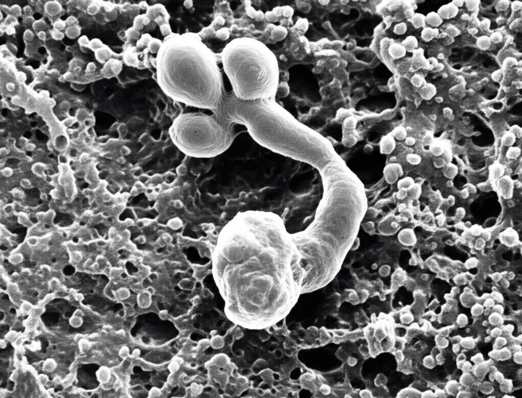 Micrografia elettronica a scansione (SEM) fotorealistica che mostra i mitocondri all'interno di una cellula tumorale. Dettagli ultrastrutturali dei mitocondri visibili, alcuni potrebbero apparire leggermente alterati per suggerire stress metabolico. Colori in scala di grigi con lievi accenti di colore per evidenziare specifiche strutture. Alto dettaglio.