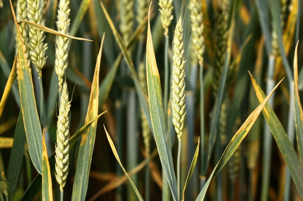 Campo di grano sotto stress idrico con alcune piante visibilmente più secche e altre più verdi grazie all'applicazione di zinco, obiettivo macro 60mm, focus sui dettagli delle foglie, illuminazione naturale contrastata.