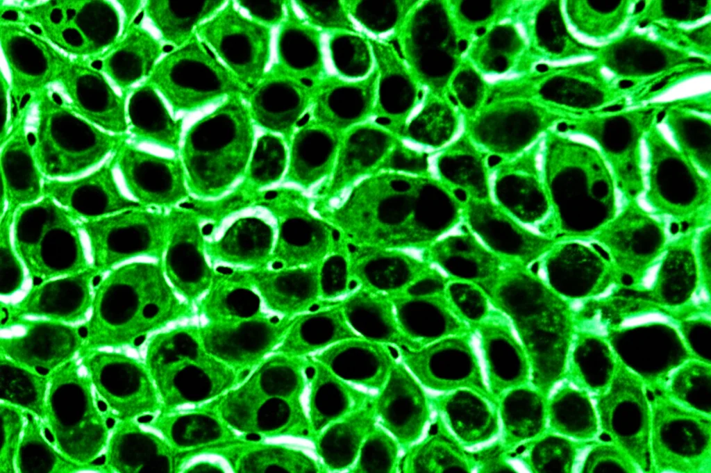 Vista microscopica ad alto dettaglio di cellule epiteliali intestinali (IEC) di suinetto. L'immagine mostra cellule sane che formano giunzioni strette ben definite e robuste (visualizzate come confini netti e luminosi tra le cellule). In contrasto, si potrebbero vedere aree con cellule danneggiate o con giunzioni interrotte. Illuminazione controllata, forse con punti luminosi che indicano aree di alta espressione genica legata alla riparazione della barriera, grazie alla supplementazione di metionina.