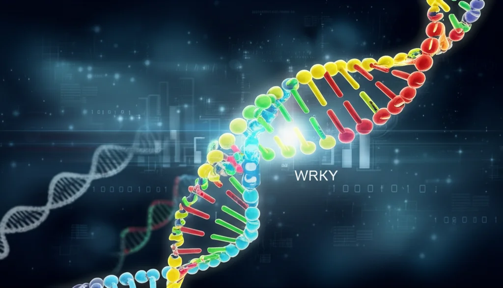 Visualizzazione 3D astratta di una doppia elica di DNA con segmenti colorati che rappresentano geni WRKY, su uno sfondo scuro con effetti luminosi, stile bio-tech, alta risoluzione.