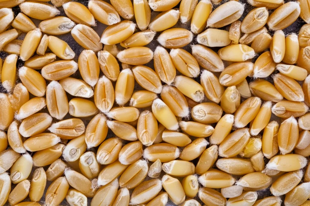 Analisi di laboratorio di chicchi di grano, con focus sulla misurazione del contenuto di proteine e zinco, obiettivo macro 80mm, illuminazione da laboratorio controllata, alta definizione dei dettagli scientifici.