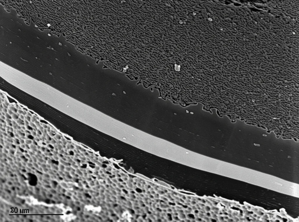 Micrografia elettronica a scansione (SEM) della sezione trasversale di un film multistrato di chitosano, evidenziando i tre strati distinti, alta definizione, messa a fuoco precisa, illuminazione da laboratorio.