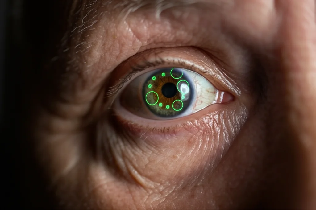 Close-Up Portrait Photography of a Elderly Person Eye che guarda verso uno schermo che mostra punti di calibrazione per un test di video-ooculografia, obiettivo da 35 mm, profondità di campo, illuminazione controllata, catturando il riflesso dello schermo nella pupilla.