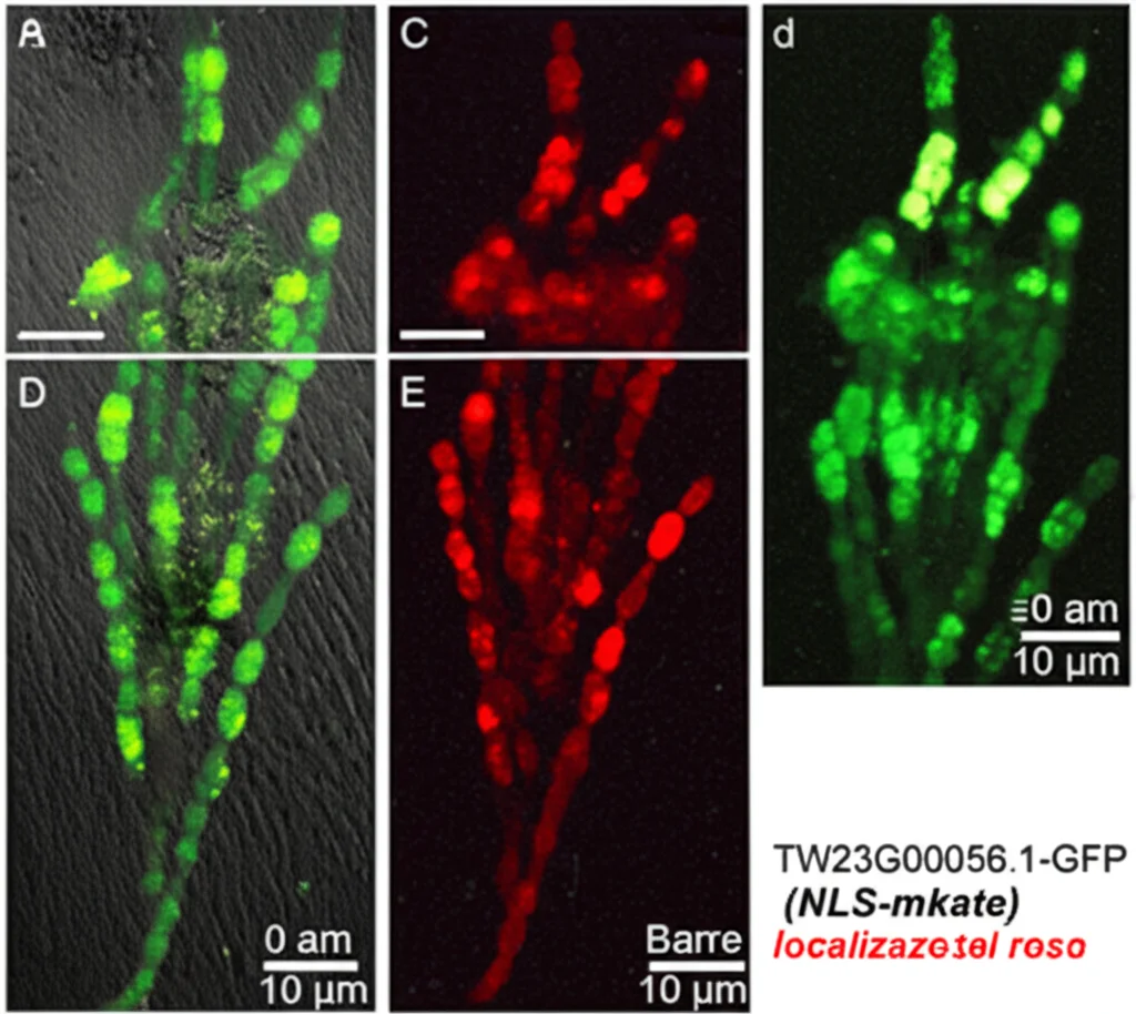 Immagine al microscopio a fluorescenza di protoplasti di Arabidopsis. Un'immagine mostra la fluorescenza verde (GFP) diffusa (controllo), un'altra mostra la fluorescenza rossa (NLS-mkate) localizzata nel nucleo, e una terza mostra la sovrapposizione della fluorescenza verde (TW23G00056.1-GFP) e rossa nel nucleo, indicando la localizzazione nucleare. Barre di scala = 10 µm.