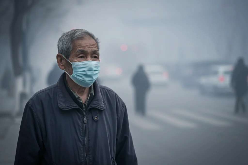 Fotografia realistica di una città cinese con smog visibile, focus su un anziano che cammina per strada con una mascherina. Obiettivo prime 35mm, profondità di campo, toni grigi e bluastri duotone, luce soffusa.